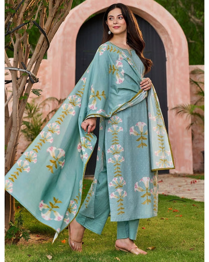 Women's Elegant Floral Embroidered Cotton Suit Set