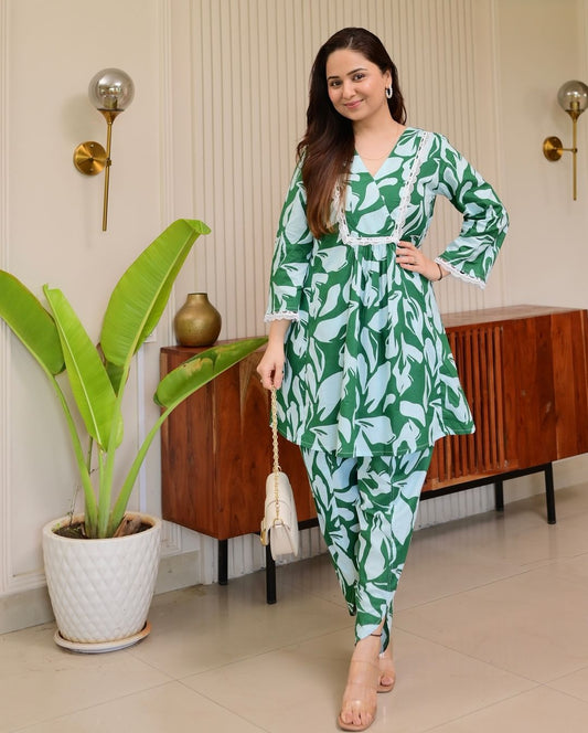 Women's Green Printed Frock-Style Kurti with Dhoti Pant Set