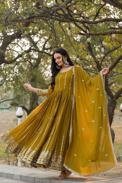 Designer Faux Georgette Gown with Heavy 7mm Sequence Work & Dupatta