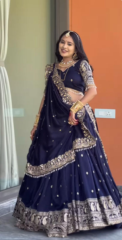 Designer Navy Blue Georgette Lehenga Choli with Heavy Thread Embroidery