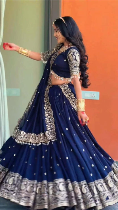 Designer Navy Blue Georgette Lehenga Choli with Heavy Thread Embroidery