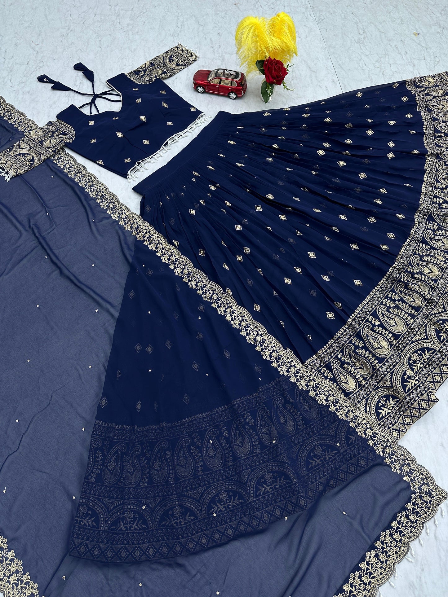 Designer Navy Blue Georgette Lehenga Choli with Heavy Thread Embroidery