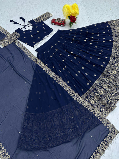 Designer Navy Blue Georgette Lehenga Choli with Heavy Thread Embroidery