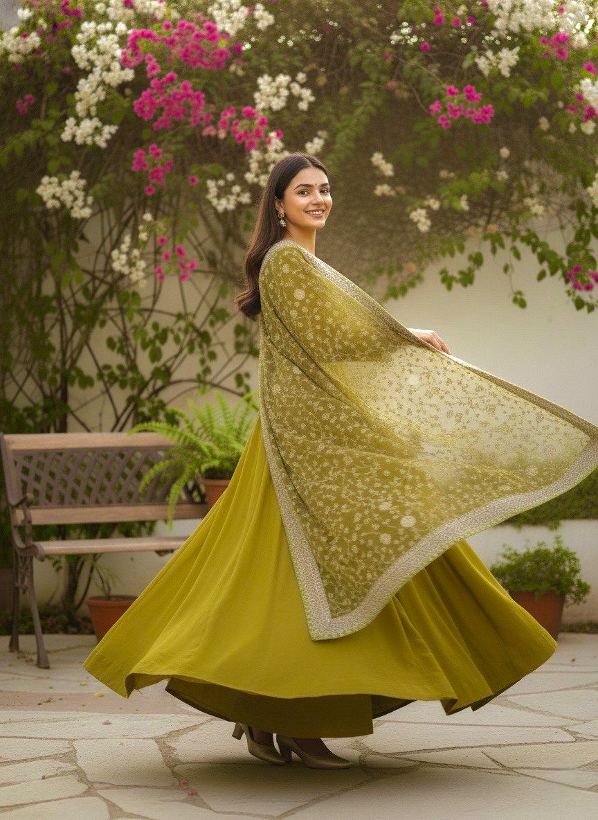 Designer German Chiffon Anarkali Gown Set with Heavy Embroidery Dupatta