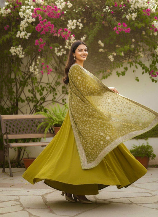 Designer German Chiffon Anarkali Gown Set with Heavy Embroidery Dupatta