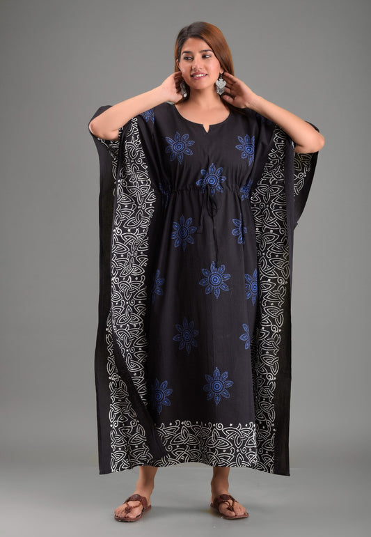 Women's Black Handblock Print Cotton Kaftan Dress