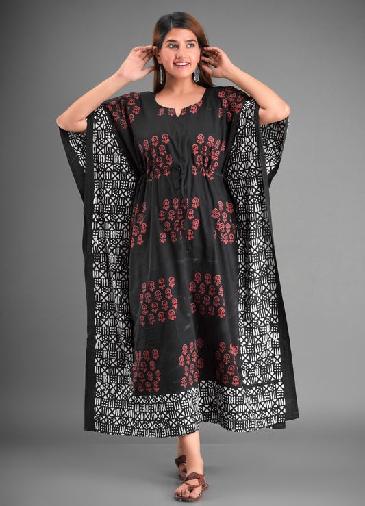 Women's Black & Red Handblock Print Cotton Kaftan Dress