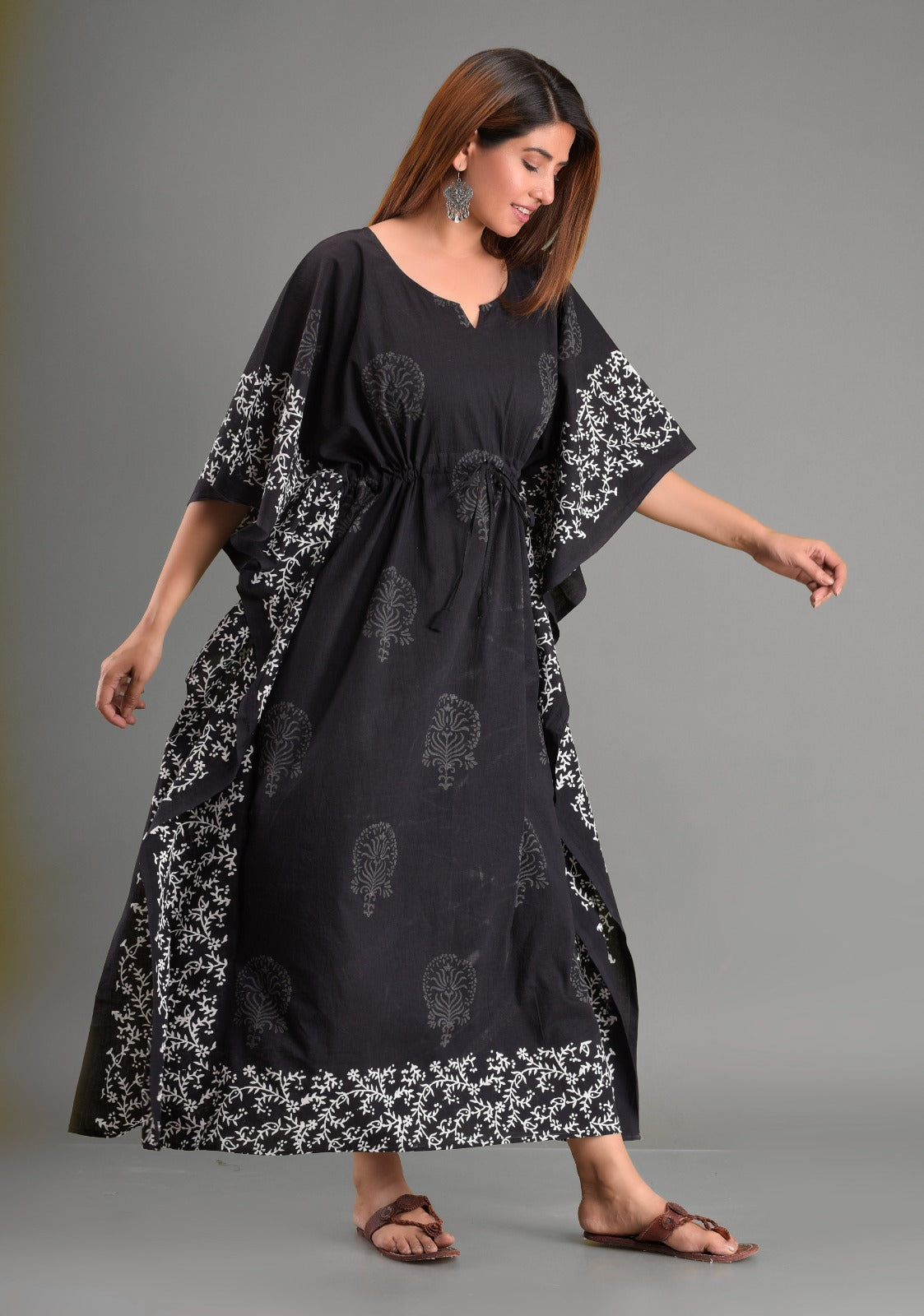 Women's Black & White Handblock Print Cotton Kaftan Dress