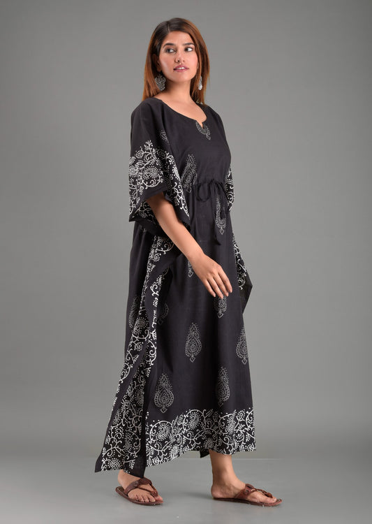 Women's Black Paisley Handblock Print Cotton Kaftan Dress