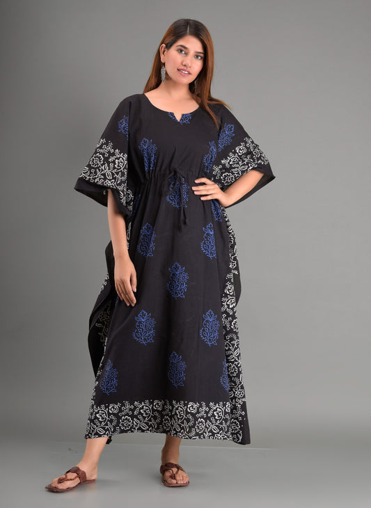 Women's Black & Blue Handblock Print Cotton Kaftan Dress