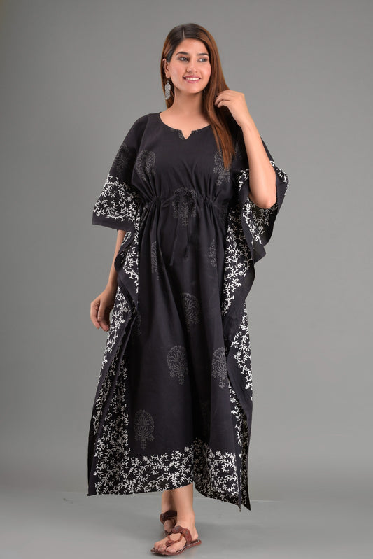 Women's Black & White Handblock Print Cotton Kaftan Dress