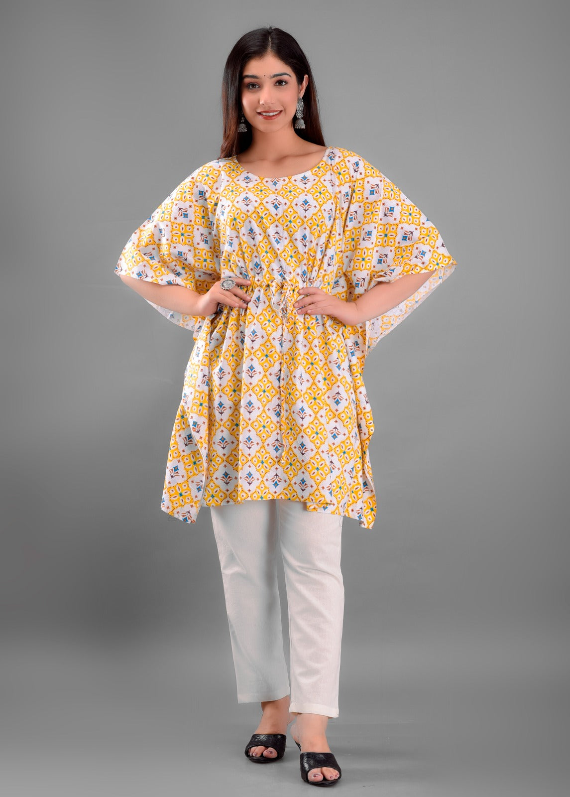 Women's Yellow Geometric Print Cotton Kaftan Top