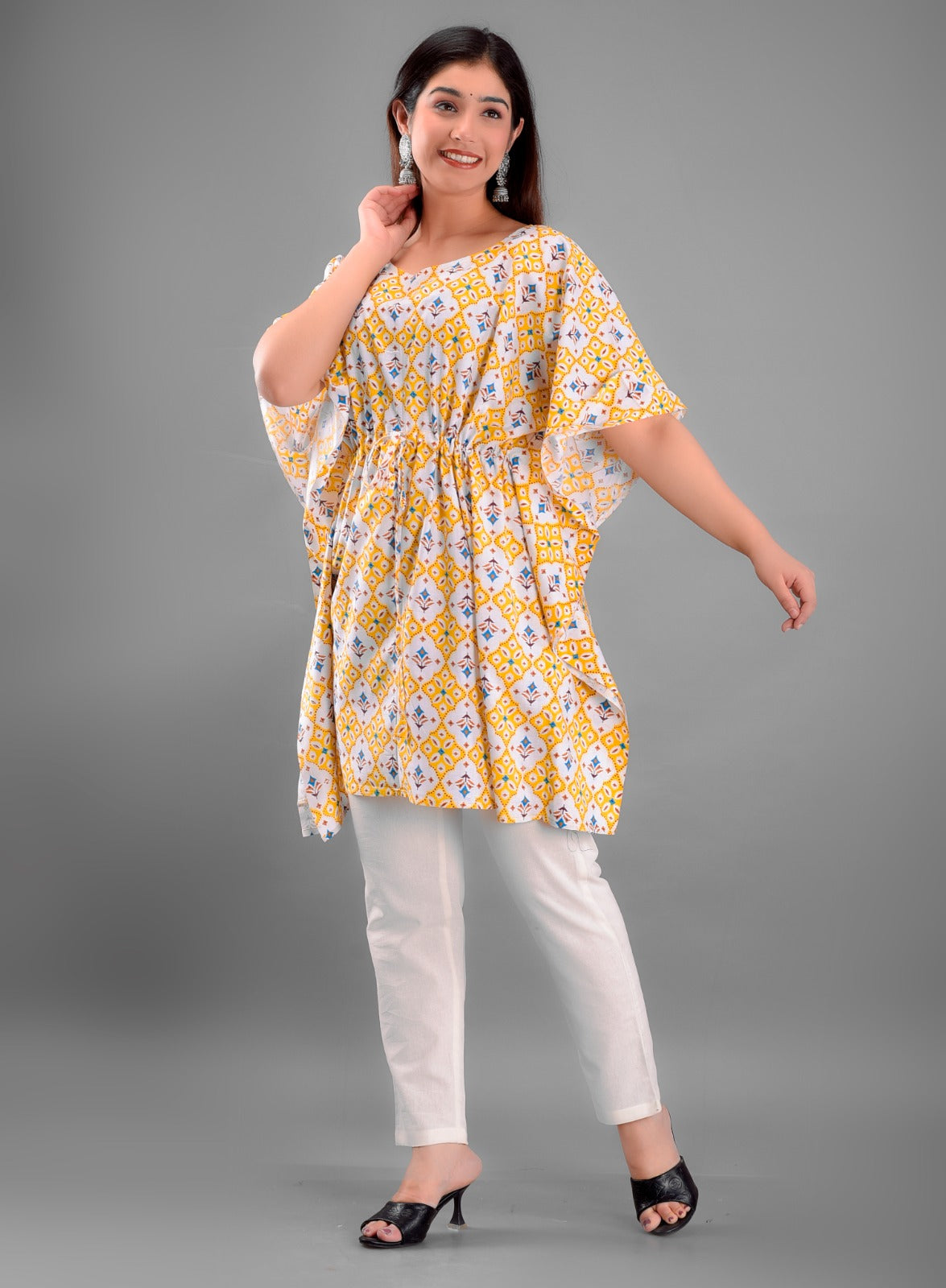 Women's Yellow Geometric Print Cotton Kaftan Top