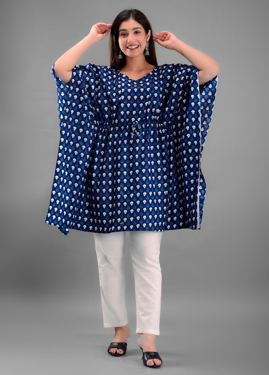 Women's Blue Block Print Cotton Kaftan Top