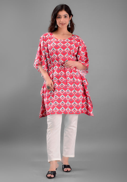 Women's Red Geometric Print Cotton Kaftan Top