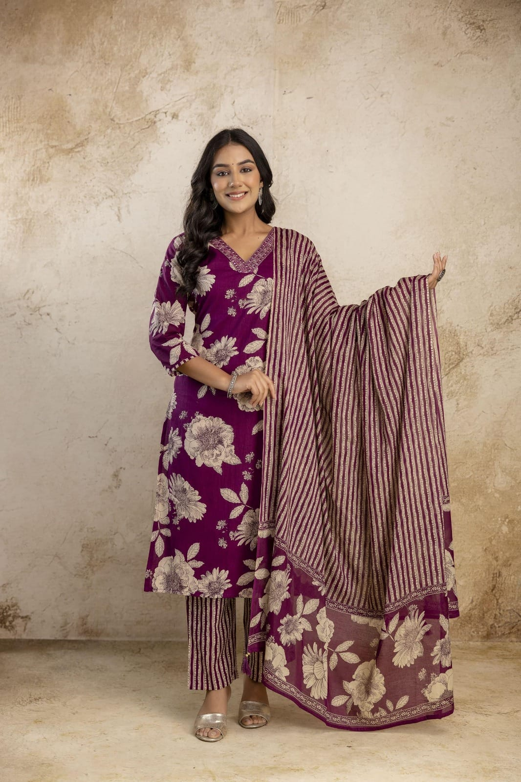 Women's Pure Cotton Floral Kurta Set with Striped Pant & Dupatta