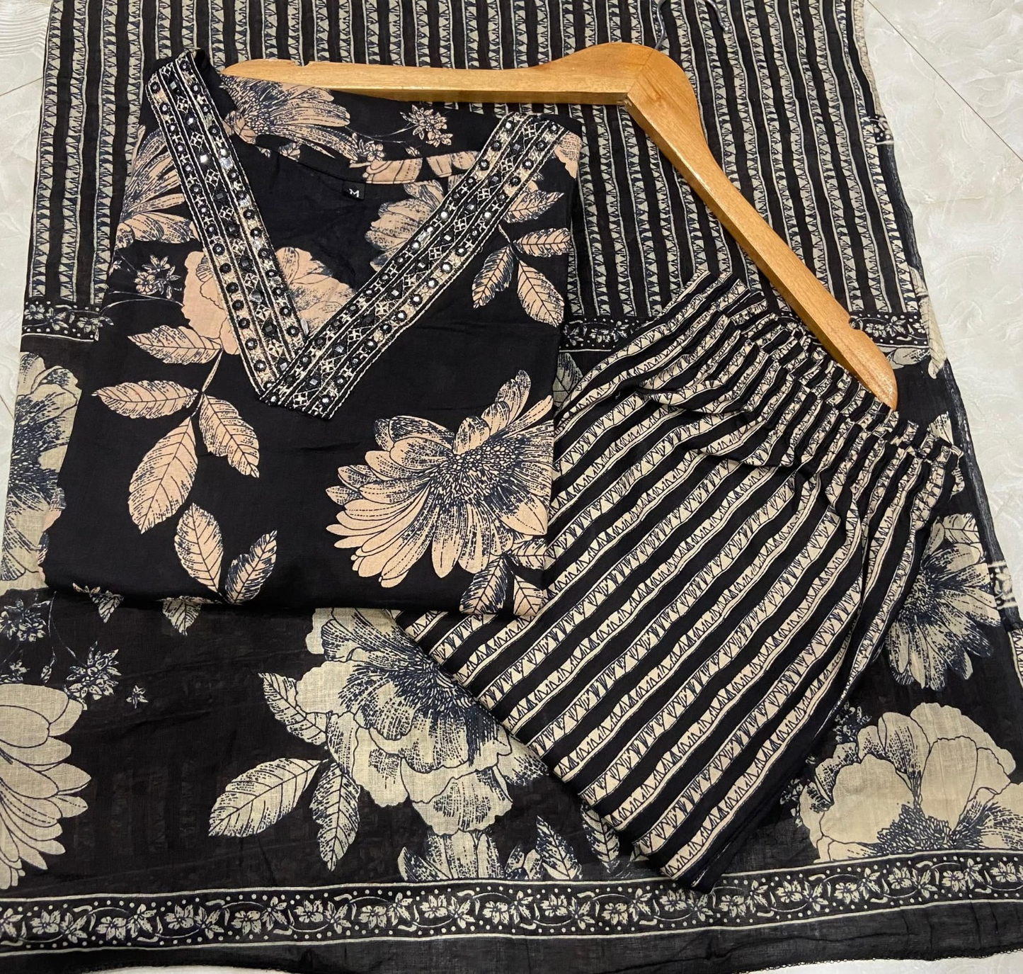 Women's Pure Cotton Floral Kurta Set with Striped Pant & Dupatta