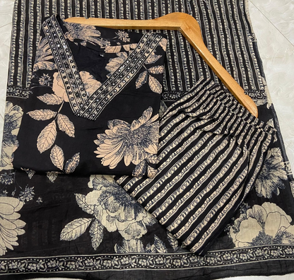 Women's Pure Cotton Floral Kurta Set with Striped Pant & Dupatta