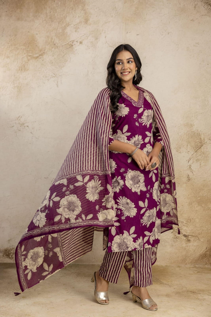 Women's Pure Cotton Floral Kurta Set with Striped Pant & Dupatta