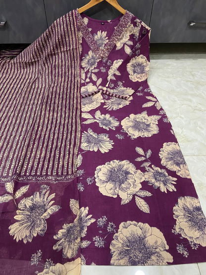 Women's Pure Cotton Floral Kurta Set with Striped Pant & Dupatta