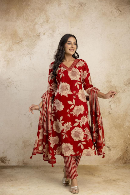 Women's Pure Cotton Floral Kurta Set with Striped Pant & Dupatta