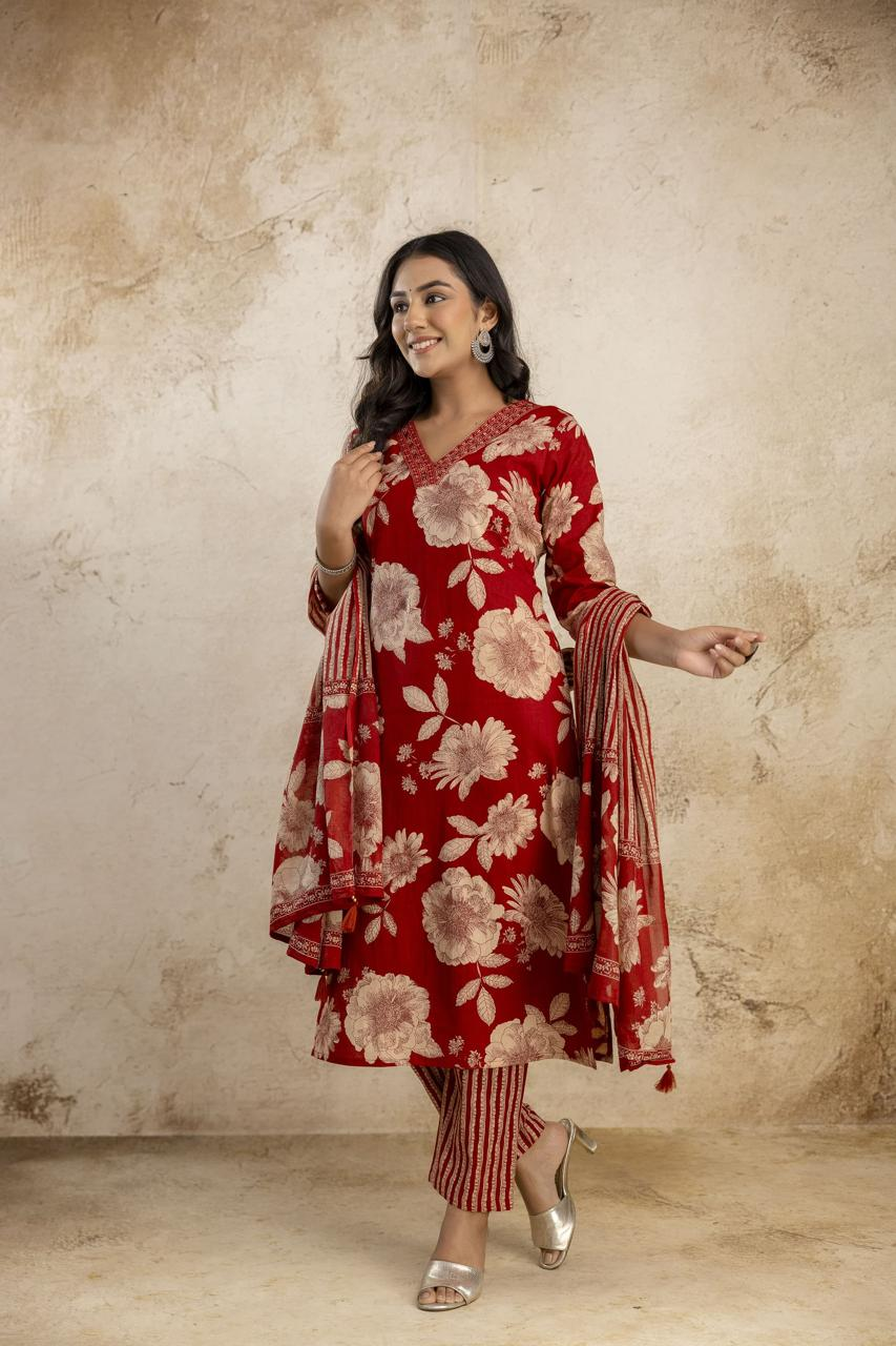 Women's Pure Cotton Floral Kurta Set with Striped Pant & Dupatta