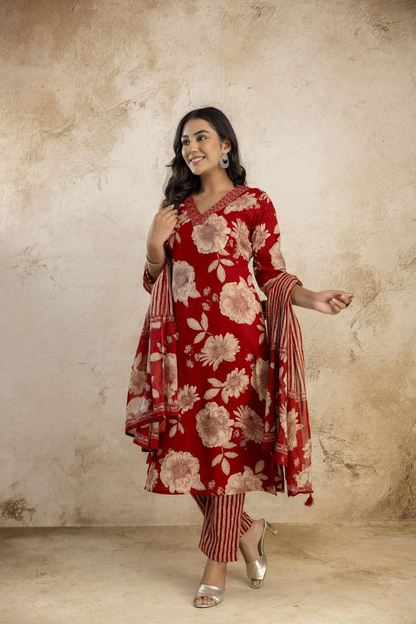 Women's Pure Cotton Floral Kurta Set with Striped Pant & Dupatta