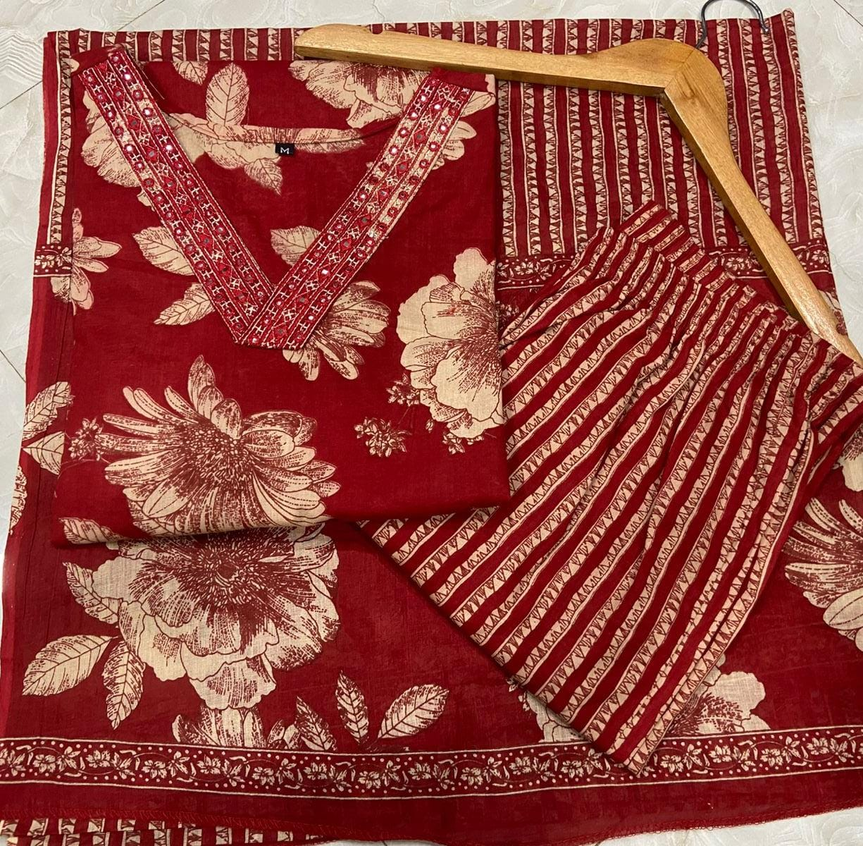 Women's Pure Cotton Floral Kurta Set with Striped Pant & Dupatta