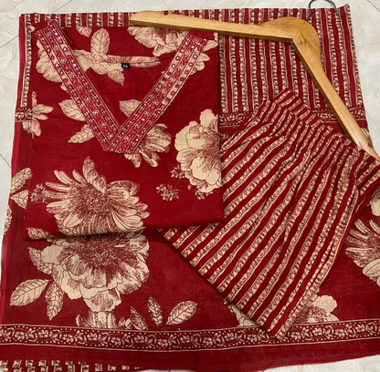 Women's Pure Cotton Floral Kurta Set with Striped Pant & Dupatta