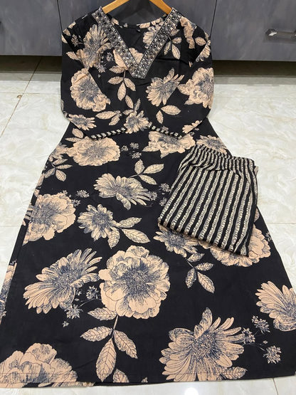Women's Pure Cotton Floral Kurta Set with Striped Pant & Dupatta