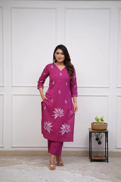 Women's Festive Cotton Kurti Set with Lotus Embroidery