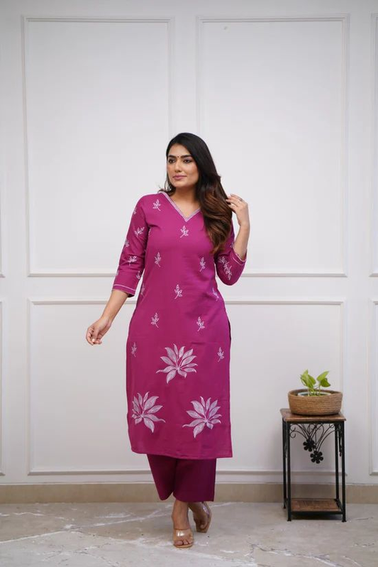 Women's Festive Cotton Kurti Set with Lotus Embroidery