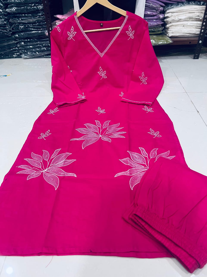 Women's Festive Cotton Kurti Set with Lotus Embroidery