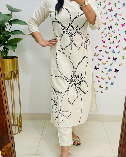 Women's Cotton Kurti Pant Set with Floral Embroidery & Tagai Work