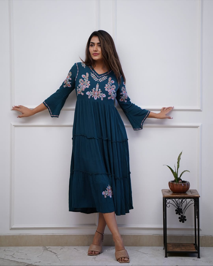 Women's Teal Blue Embroidered Tiered Cotton Midi Dress