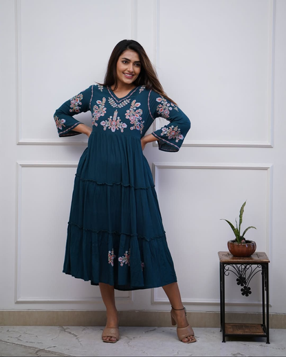 Women's Teal Blue Embroidered Tiered Cotton Midi Dress