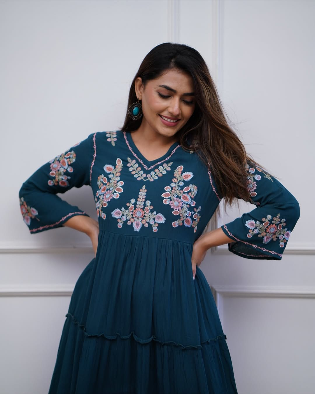 Women's Teal Blue Embroidered Tiered Cotton Midi Dress