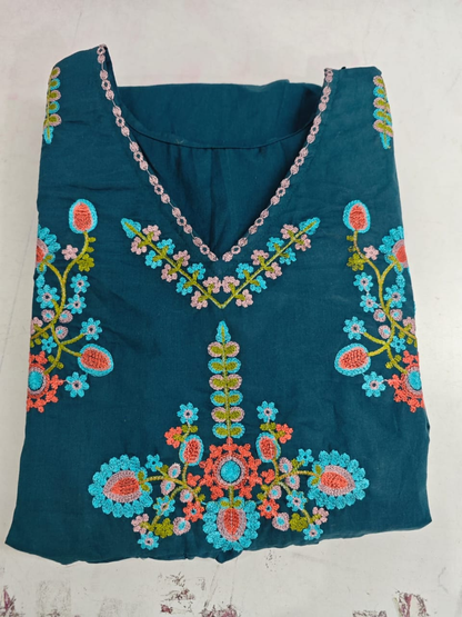 Women's Teal Blue Embroidered Tiered Cotton Midi Dress
