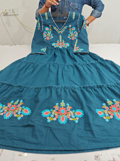Women's Teal Blue Embroidered Tiered Cotton Midi Dress