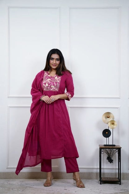 Women's Embroidered Natra Cut Cotton Kurta Set
