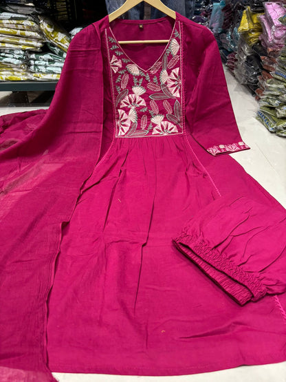 Women's Embroidered Natra Cut Cotton Kurta Set