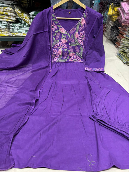 Women's Embroidered Natra Cut Cotton Kurta Set