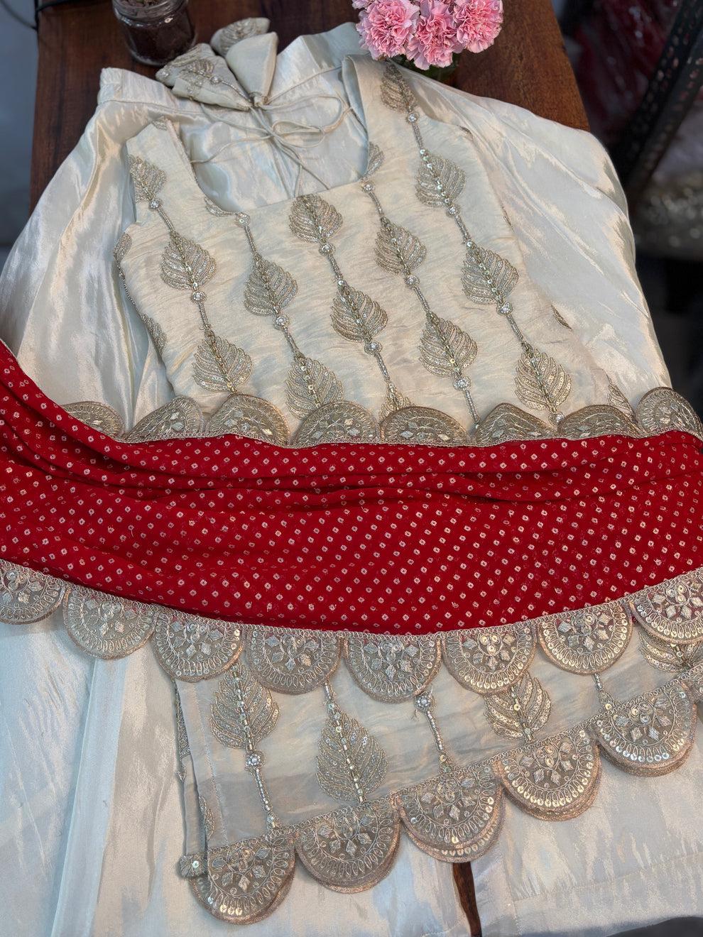 Soft Chinon Kurta-Palazzo with Red Bandhani Dupatta