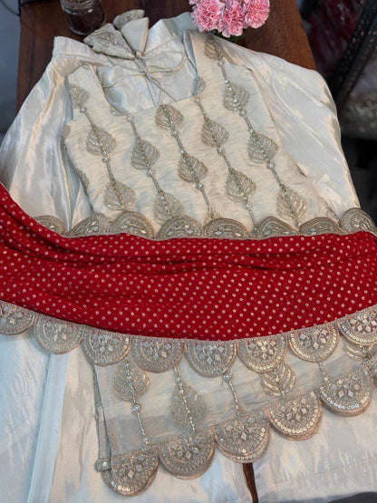 Soft Chinon Kurta-Palazzo with Red Bandhani Dupatta