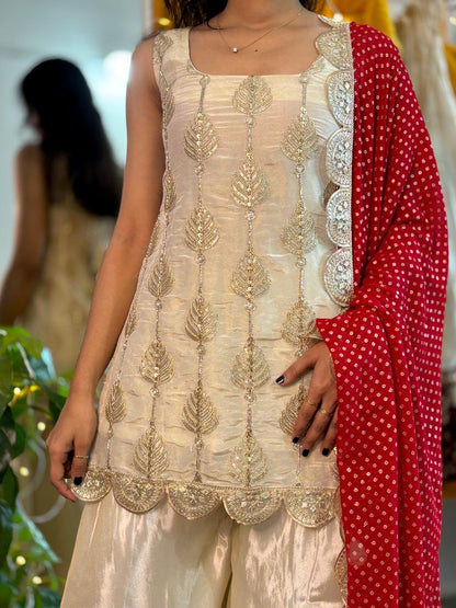 Soft Chinon Kurta-Palazzo with Red Bandhani Dupatta