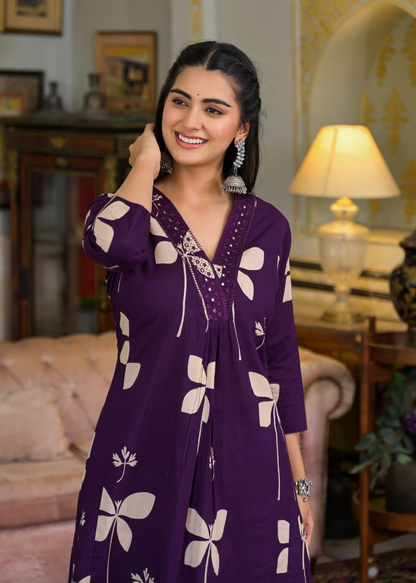 Women's Pure Cotton Printed A-Line Kurti Set