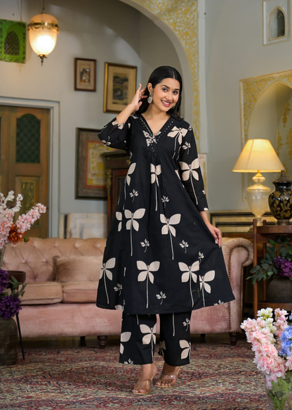 Women's Pure Cotton Printed A-Line Kurti Set