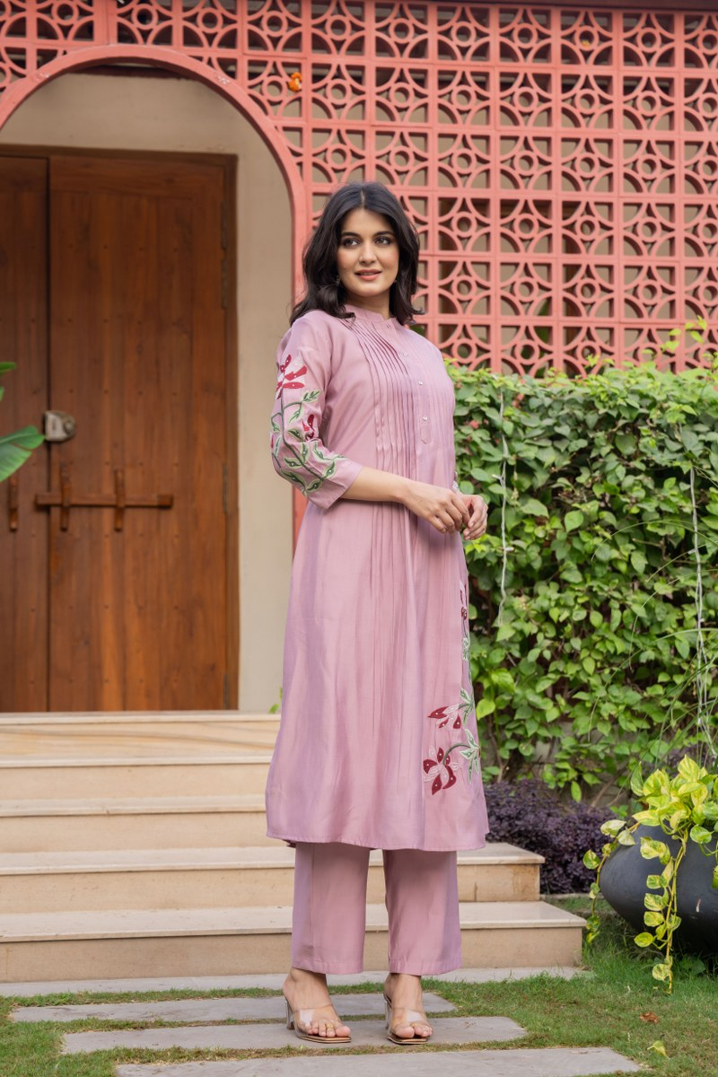 Women's Pure Cotton Pleated Kurta Set with Heavy Floral Embroidery