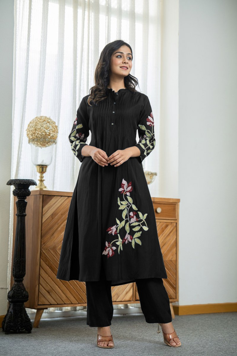Women's Pure Cotton Pleated Kurta Set with Heavy Floral Embroidery