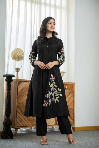 Women's Pure Cotton Pleated Kurta Set with Heavy Floral Embroidery